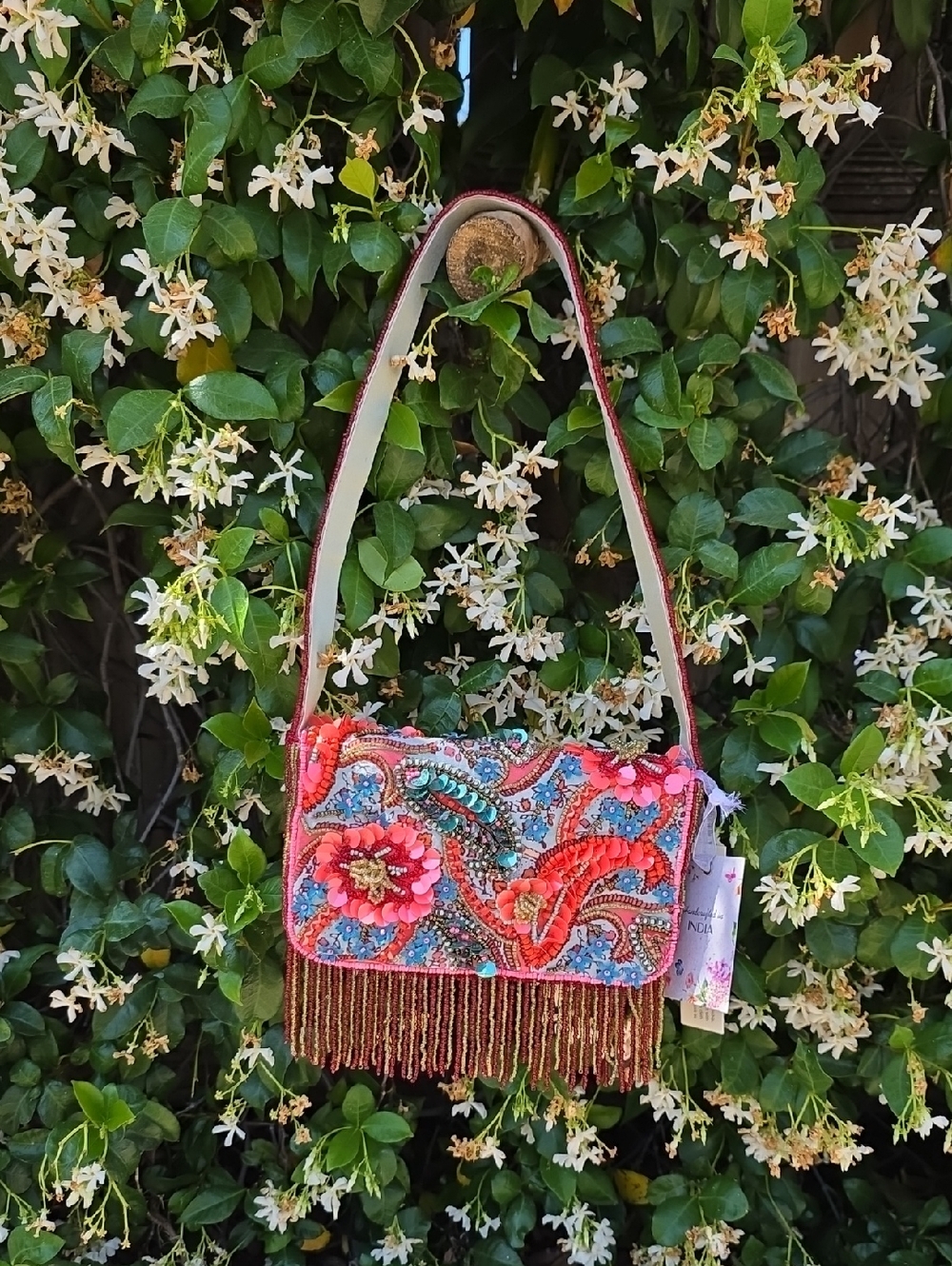 Viral Coral and Blue Floral Beaded Shoulder Bag with Red and Green Fringe